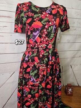 LuLaRoe Black Midi Dress with Pink, Red, Green & Purple Floral Print